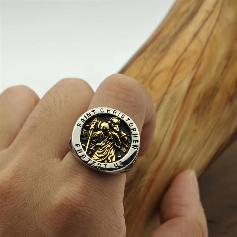 Symbolic and Spiritual™️ Saint Christopher Golden Cross Solid Ring Stainless Steel