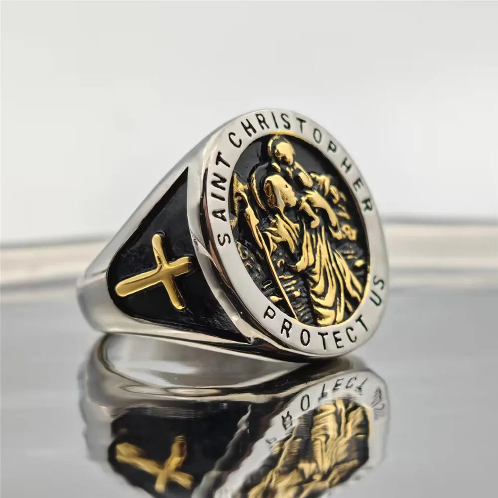 Symbolic and Spiritual™️ Saint Christopher Golden Cross Solid Ring Stainless Steel